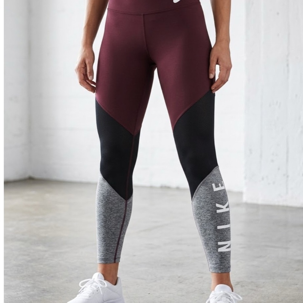 Nike Women's Burgundy Colorblock Leggings with Black & Gray Panels
